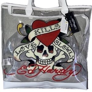 Ed Hardy Love Kills Slowly PVC White Clear See-through Tote Bag NEW
